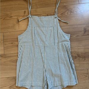 Altar'd State Striped Tie-Shoulder Romper in Blue and Cream